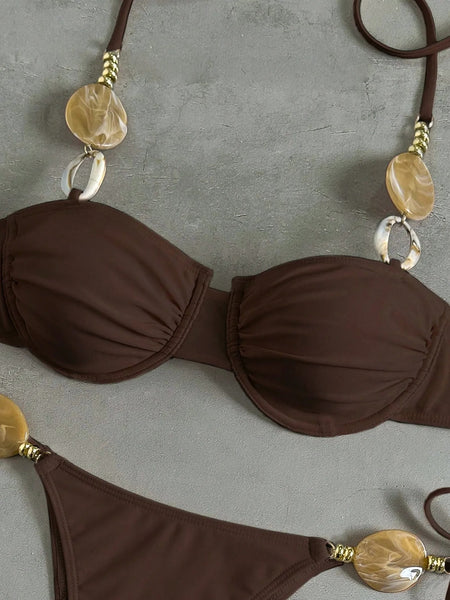 Dark Brown Solid Underwire Bikini Set