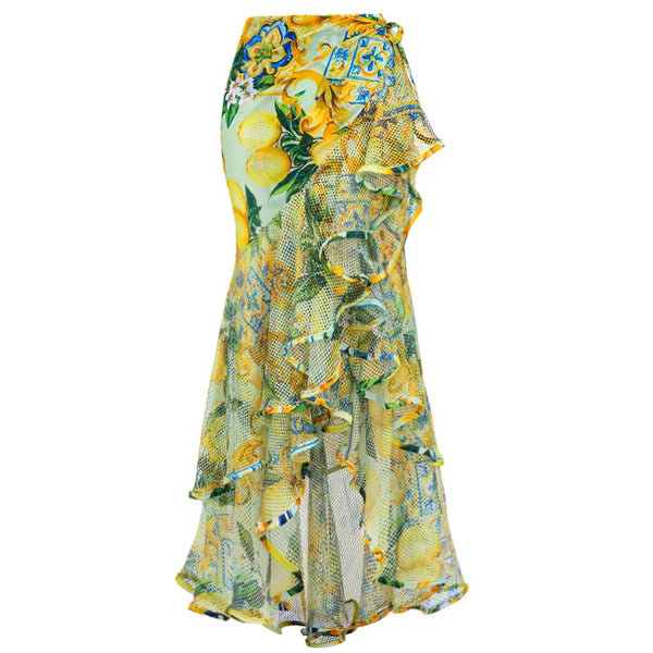 Yellow Fruit Print Underwire One Piece Swimsuit With Sarong