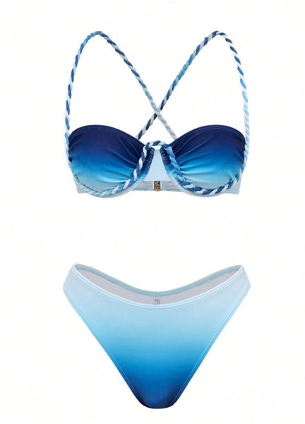 Blue Ombre Underwire Bikini Set With Sarong