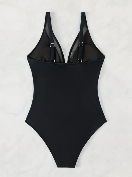 Solid Mesh Contrast V Neck Stretchy Ruched One-piece Swimsuit Black