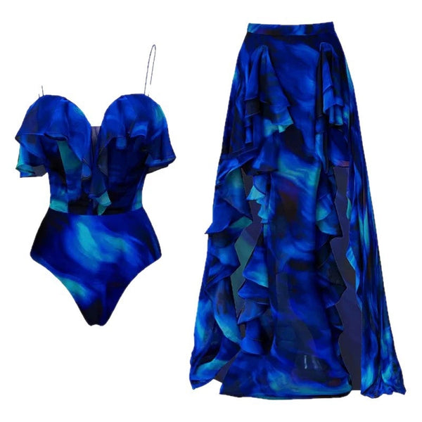 Blue Gradient High Cut One-Piece Swimsuit With Beach Skirt