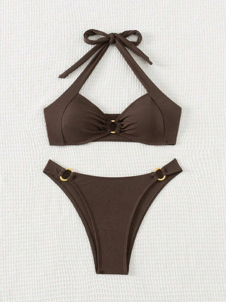 Brown Solid Halter Bikini Set