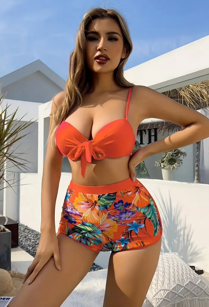 Tropical Print Underwire Bikini Swimsuit With Kimono Orange