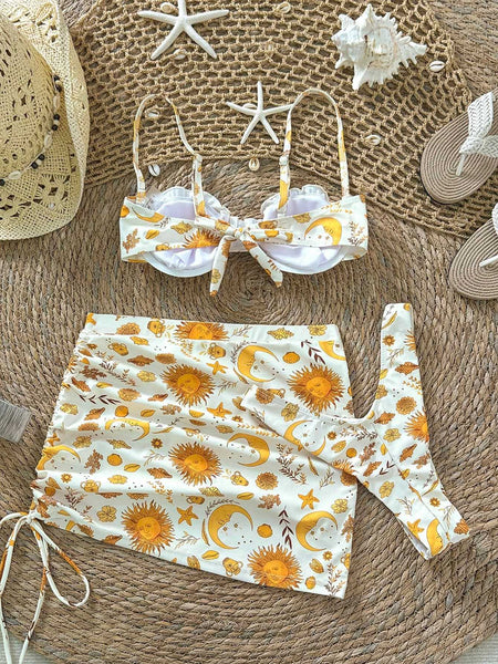 White Marine Print Underwire Bikini Set With Beach Skirt