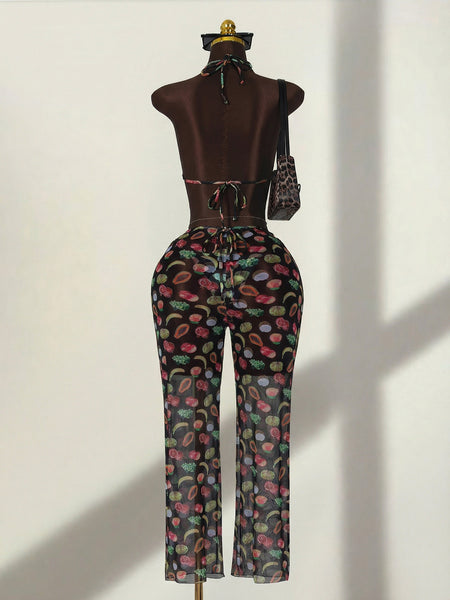 Black Fruit Print Halter Bikini Set With Beach Pants