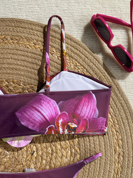 Purple Floral High Cut Bikini Set With Ruffle Beach Skirt