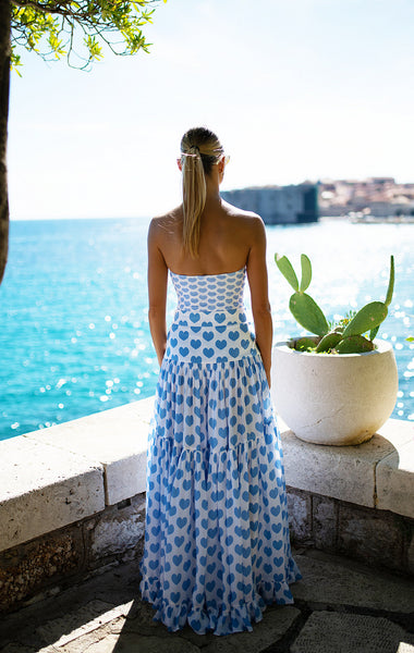 Light Blue Conversational Print Tie Front One Piece Swimsuit With Maxi Cover Up