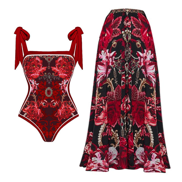 Maroon Floral Tummy Control Swimsuit With Beach Skirt