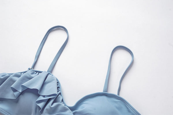 Solid Ruffle Shoulder Straps Two Piece High Waist Swimsuit Light Blue
