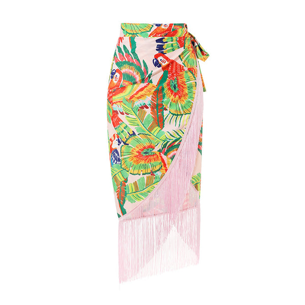 One Shoulder Floral Print Strap Two Pieces With Bathing Suit Wrap Skirt Multicolor