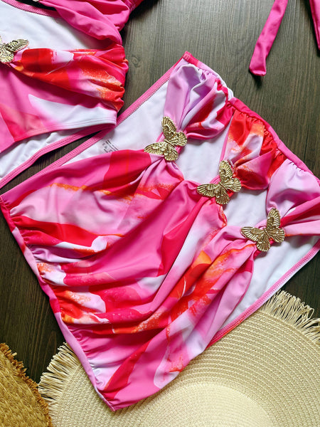 Pink Abstract Halter One Piece Swimsuit With Beach Skirt