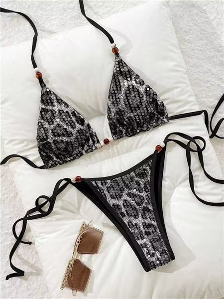 Black Animal Print Halter One Piece Swimsuit