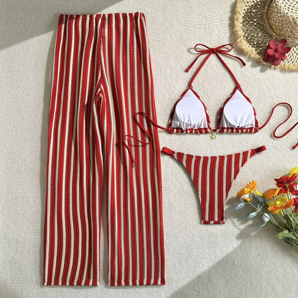 Red Stripes Halter Bikini Set With Beach Pants