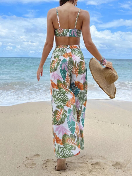 Tropical print bikini swimsuit with cover up pants Multicolor