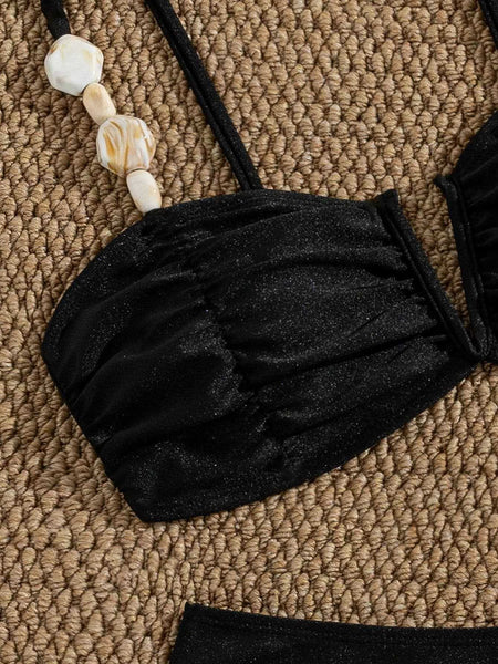 Black Solid High Leg Bikini Set