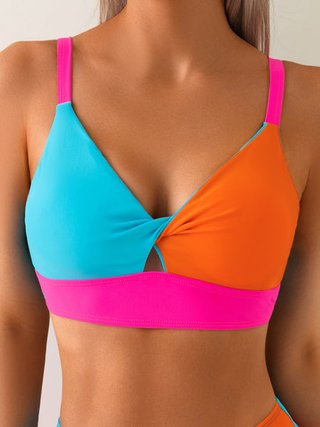 Multicolor Colorblock High Waisted Bikini Set