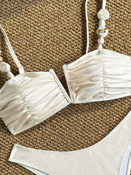 White Solid High Leg Bikini Set