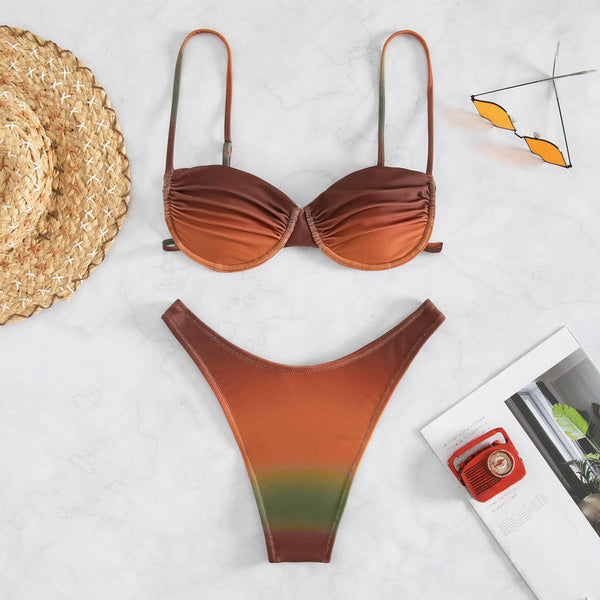 Faded Spaghetti Straps Two Piece High Waist Bikini Brown