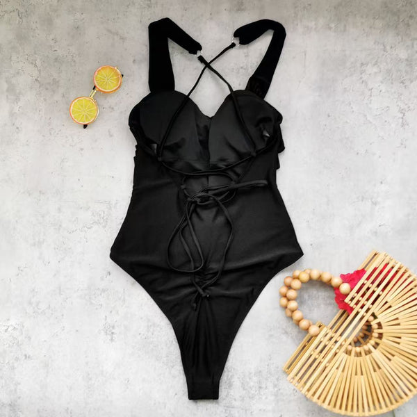 Black Solid One Piece Swimsuit