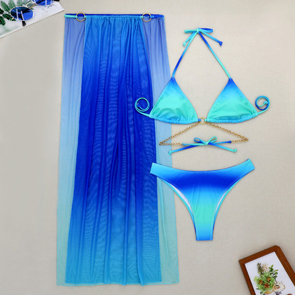 Ombre Halter Top Rash Guard with Detachable Pads and Metal Chain Swimwear Sky Blue