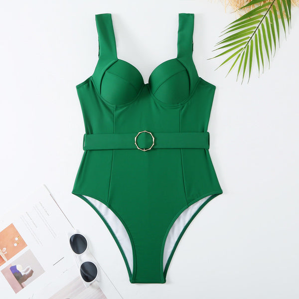 Solid Metal Ring with Strap Décor One Piece Swimsuit Green
