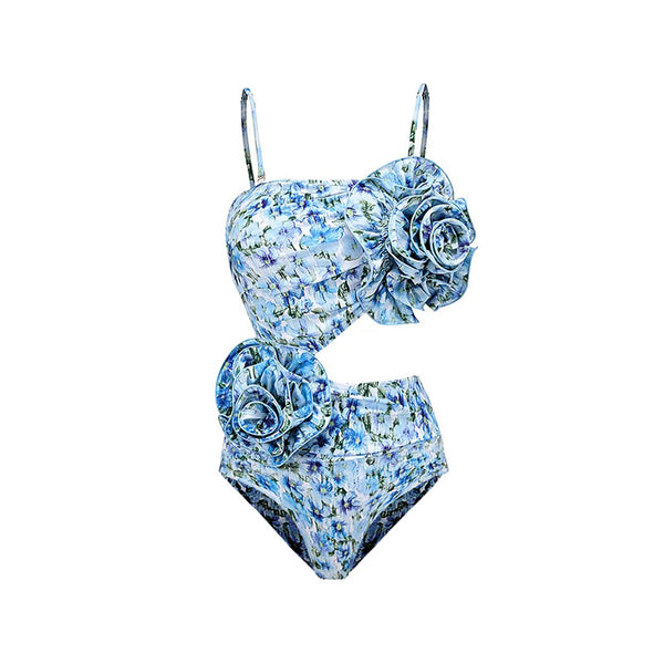 Floral Print Flower Décor Shoulder Straps One-Piece Swimsuit with Sarong Blue