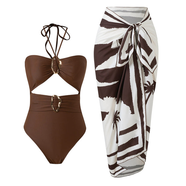 Brown Tropical Cut Out One Piece Swimsuit With Sarong