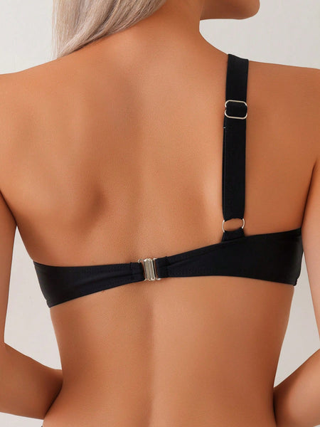 Black Solid Asymmetrical Bikini Set