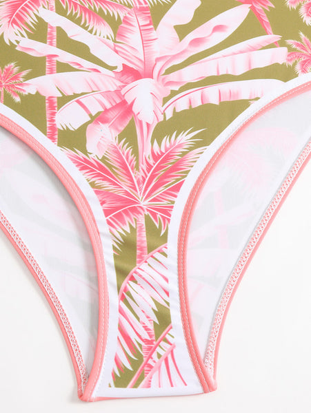 Tropical Print One-Piece Swimsuit Set with Skirt Pink