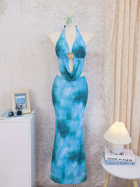 Blue Tie Dye Cut Out Maxi Dress
