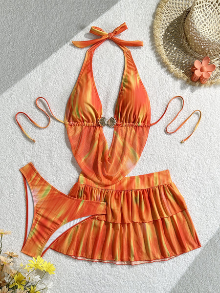 Orange Ombre Halter Bikini Set With Beach Skirt
