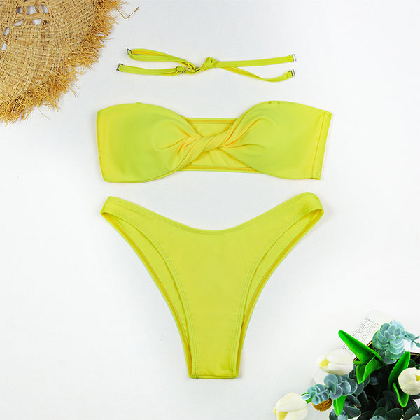 Solid Straps less Bikini Set Swimsuit With Cover Up Yellow