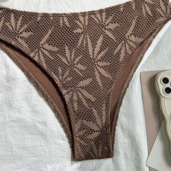 Brown Mesh Print High Cut Bikini Set With Sarong