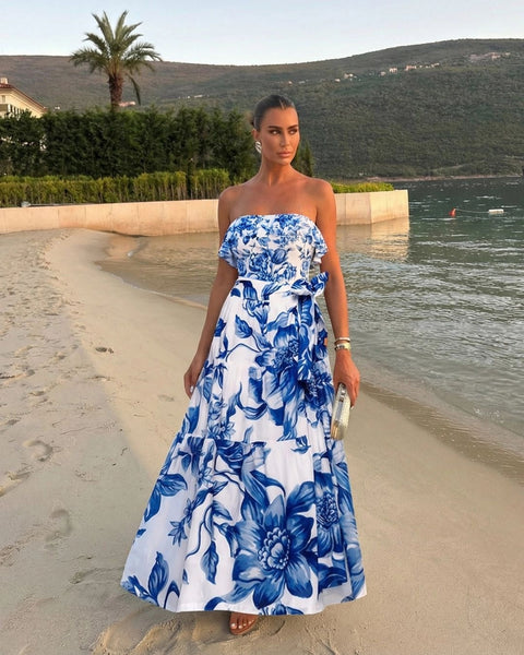Blue Floral Off Shoulder One Piece Swimsuit With Sarong