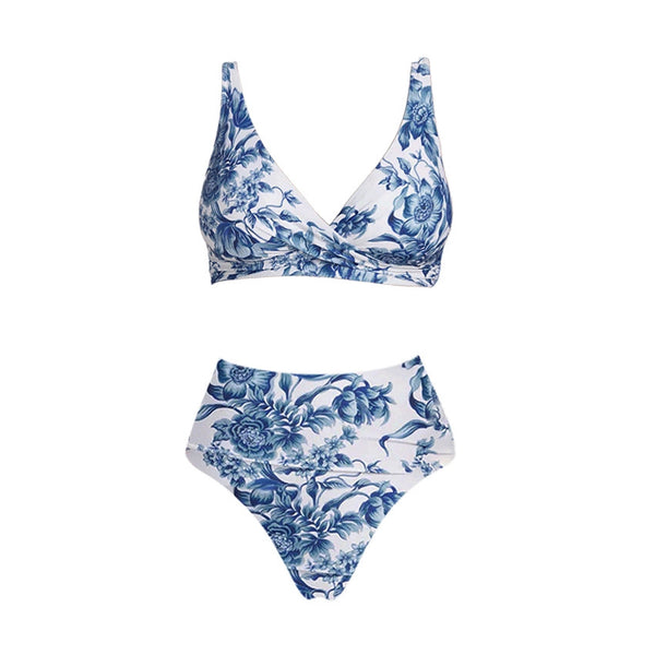 Blue Floral High Waisted Bikini Set With Sarong