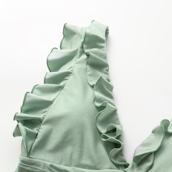 Light Green Solid Ruffle One Piece Swimsuit With Beach Skirt