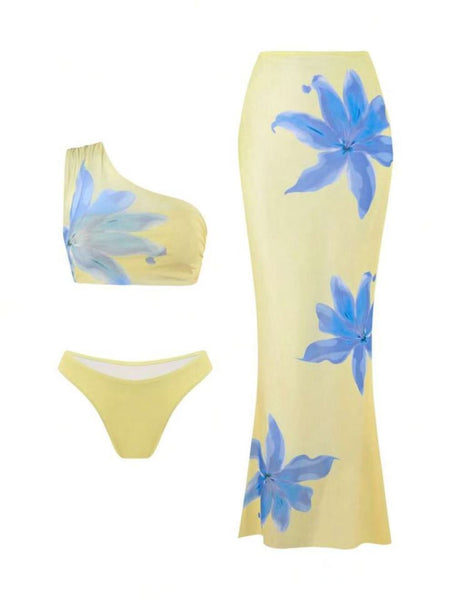 Yellow Floral One Shoulder Bikini Set With Beach Skirt
