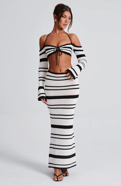 Black Stripes Knitted Top With Skirt