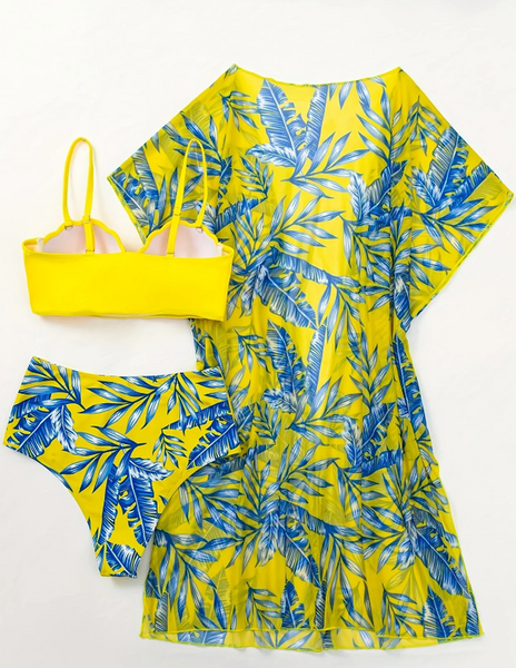 Shell Pattern High Waist Three Piece Swimsuit Yellow