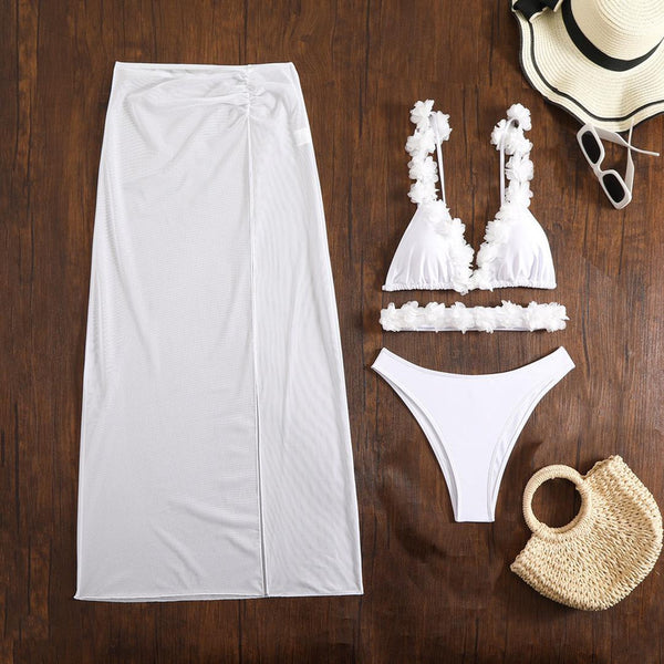 Solid Flower Décor Shoulder Straps Four Piece Bikini Swimsuit White