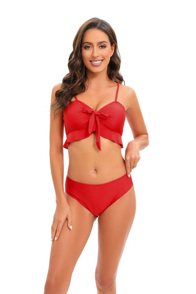 Gradient Colored Bikini Set With Front Knot Detail And Mesh Cover Up Red