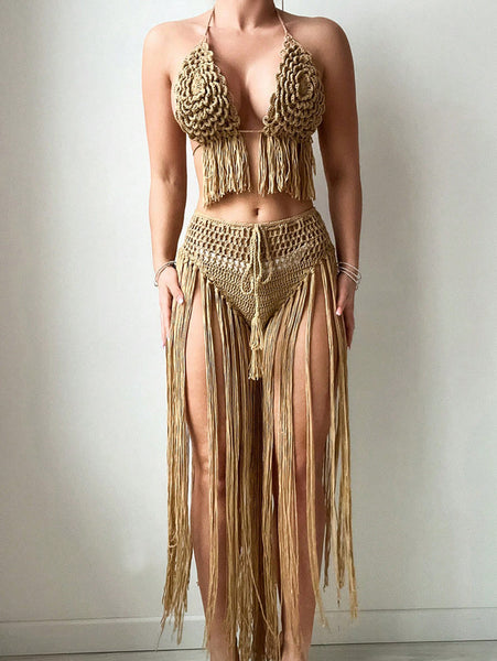 Brown Solid Crochet Tassel Halter Top With High Waisted Skirt