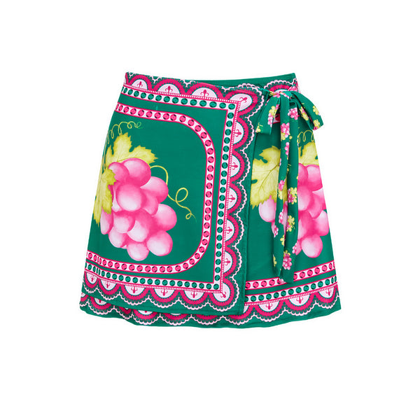 Green Fruit Print Deep V One-Piece Swimsuit With Beach Skirt