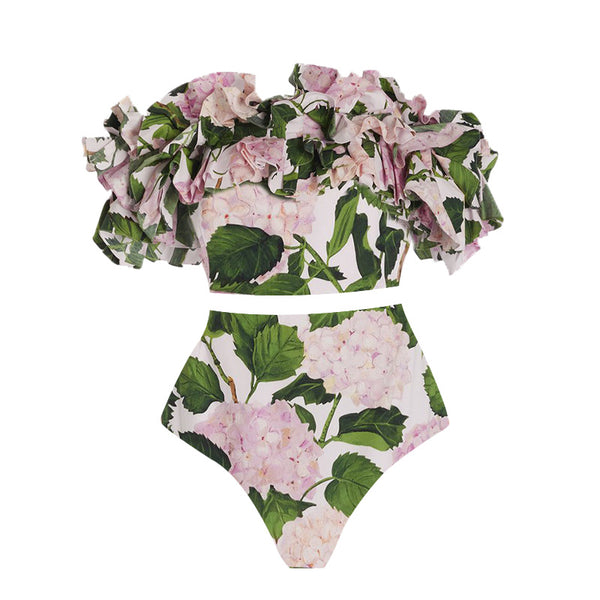 Multicolor Tropical Ruffle Bikini Set With Beach Skirt