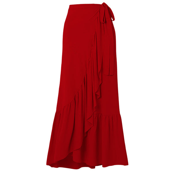 Red Solid Deep V One Piece Swimsuit With Ruffle Sarong