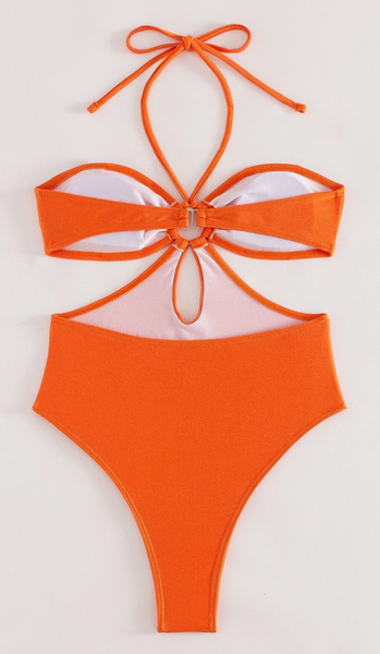 Monokini Solid Color Cut Out Design Halter Neck Swimsuit Orange