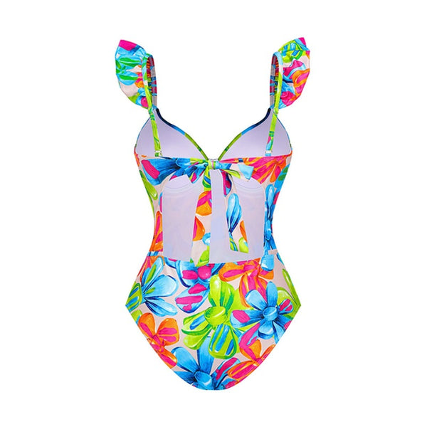 Flower Print Shoulder Straps One Piece Swimsuit With Cover Up Multicolor