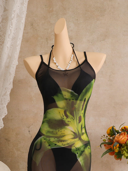 Black Tropical Halter Bikini Set With Maxi Cover Up