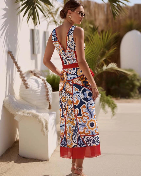 Red Geometric Tummy Control Swimsuit With Sarong