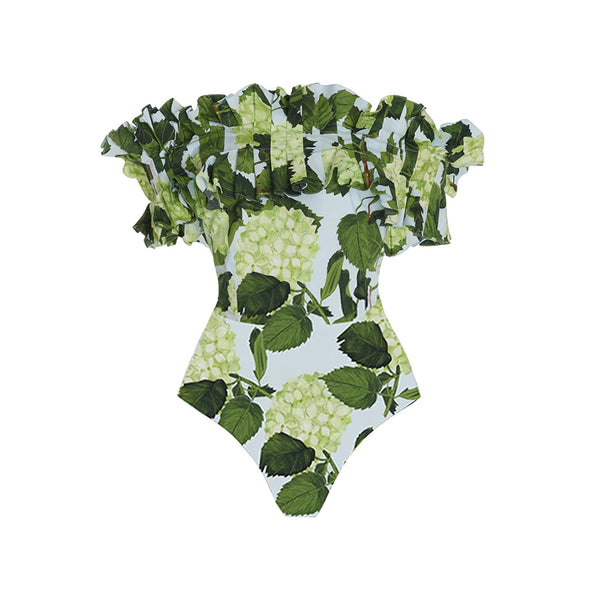 Green Tropical Off Shoulder One Piece Swimsuit With Beach Skirt